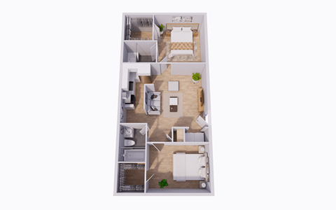 A 3D floor plan of a small apartment with two bedrooms, a living room, a kitchen, and a bathroom.